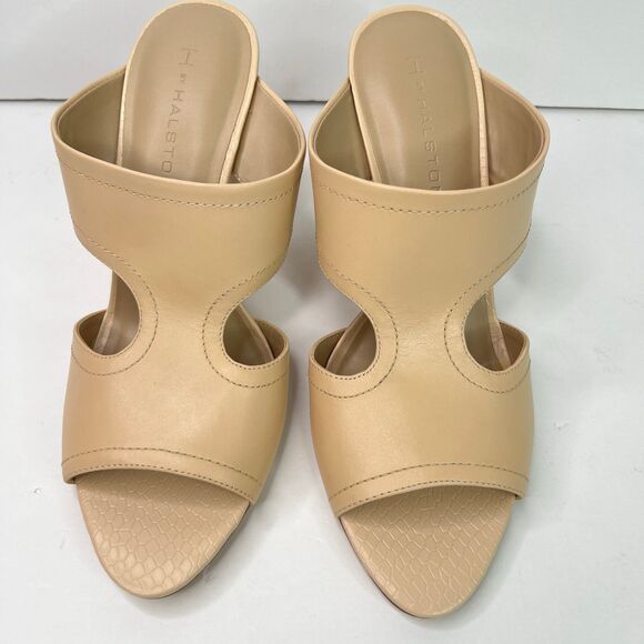 H by Halston Open-Toe Cut-Out Leather Mules Heels- Holly Nude Size 9.5 #516 - Picture 2 of 12